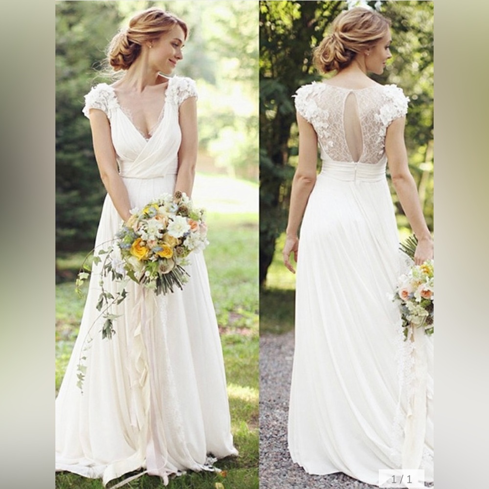 HEBEOS A-Line/Princess Chiffon Ruched V-neck Short Sleeves /Brush Train Wedding